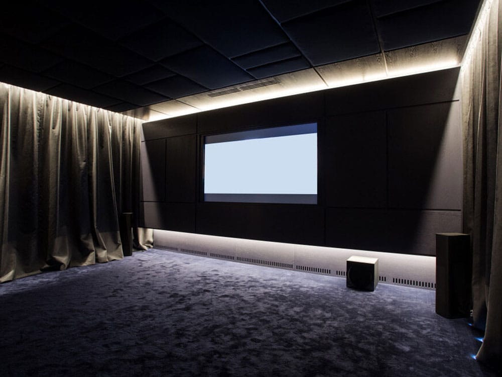 Interior of Modern Home Cinema Theater at Dark — Air Sound & Vision in Bungalow, QLD